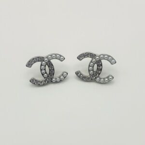 Chanel Silver-Tone Pearl & Crystal CC Logo Stud Earrings